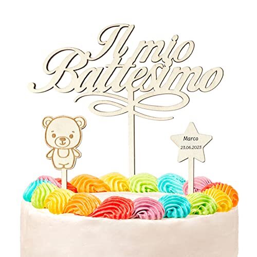 3pz Cake Topper Torta Il Mio Battesimo in Legno Bambini, Addobbi Stelle, (E0b)