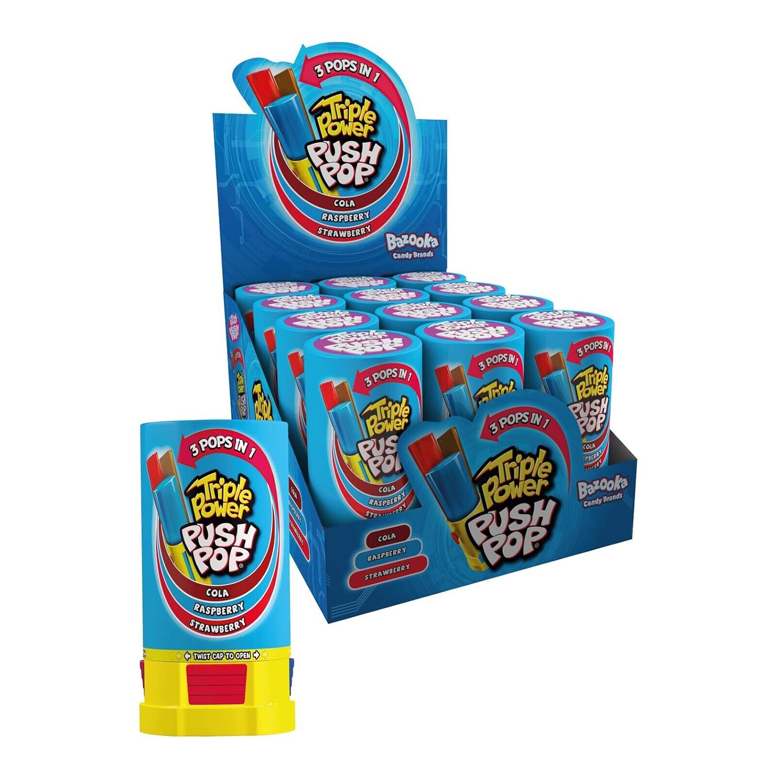 Push Pop Triple Power Lecca Lecca 3 Pops in 1 Cola Lampone Fragola 12 pezzi
