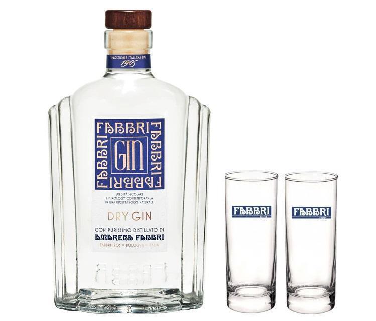 FABBRI 1905 DRY GIN DISTILLATO DI AMARENE FABBRI 70 CL CON 2 BICCHIERI