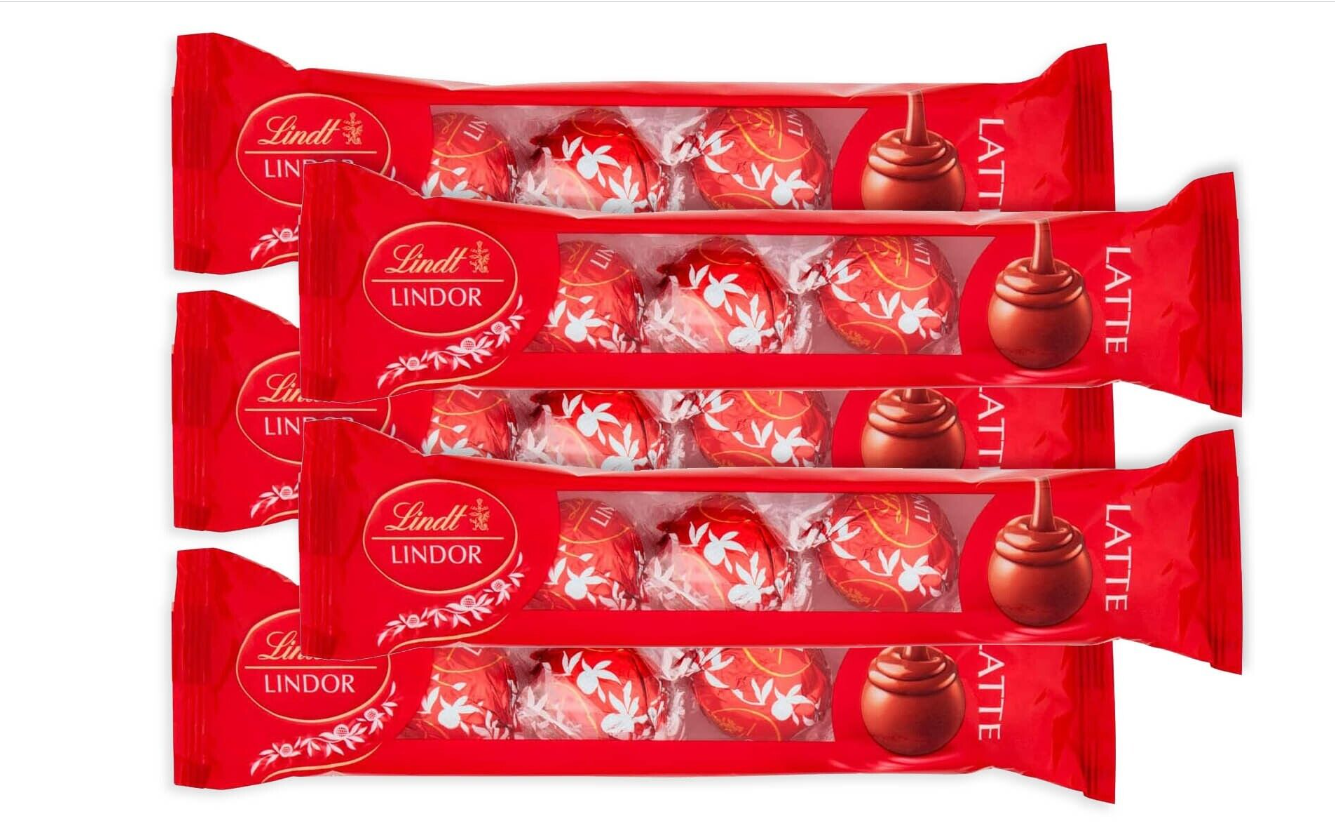 5X Lindt Lindor Praline di Cioccolato al Latte Ripiene 4 Praline Tubo 50g