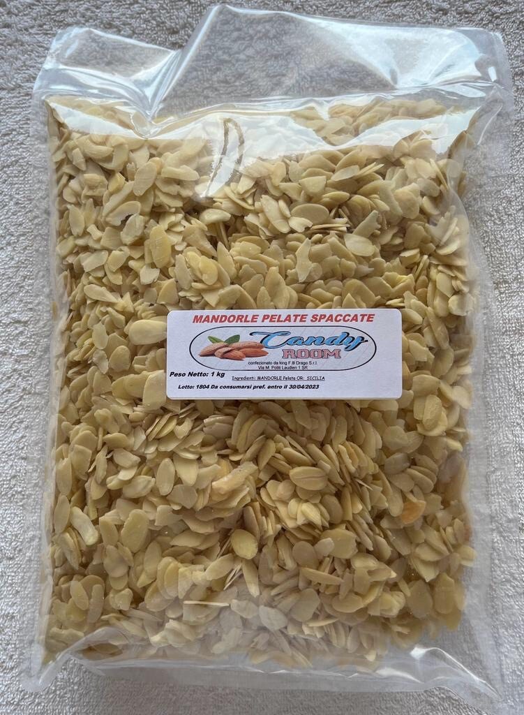 MANDORLE PELATE Spaccate,  Affettate Candy room 1000g-1 Kg. origine sicilia