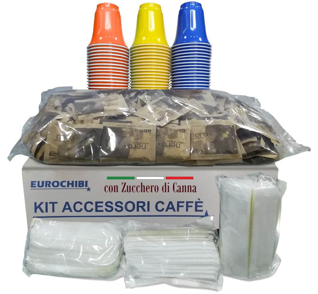KIT ACCESSORI CAFFÈ con 150 BUSTINE ZUCCHERO DI CANNA, BICCHIERINI e PALETTINE