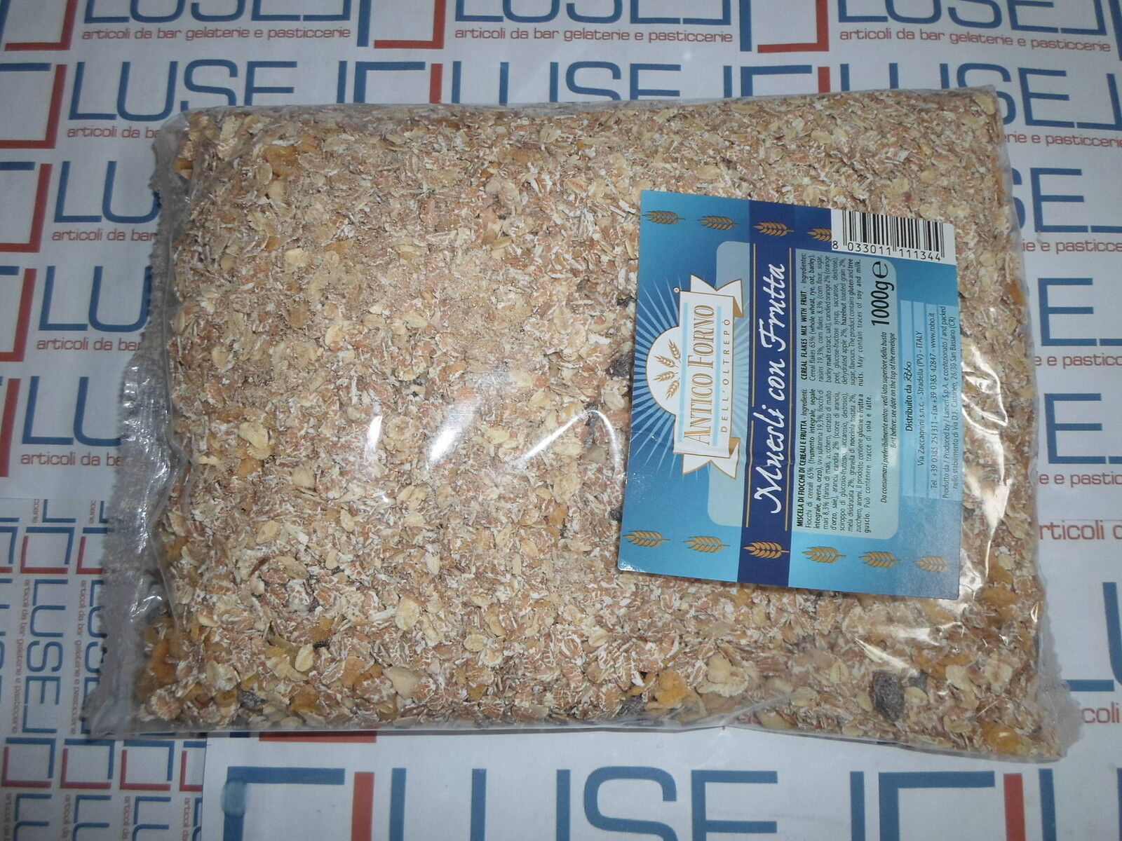 GR 1000  MUESLI CON FRUTTA CEREALI UVA SULTANINA FIOCCHI DI MAIS ARANCIA MELA