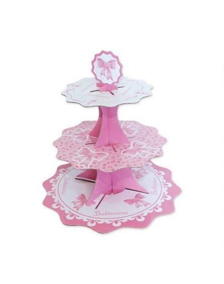 ALZATINA IN CARTONE PER MUFFIN BATTESIMO BIMBA ROSA 3 PIANI 35H