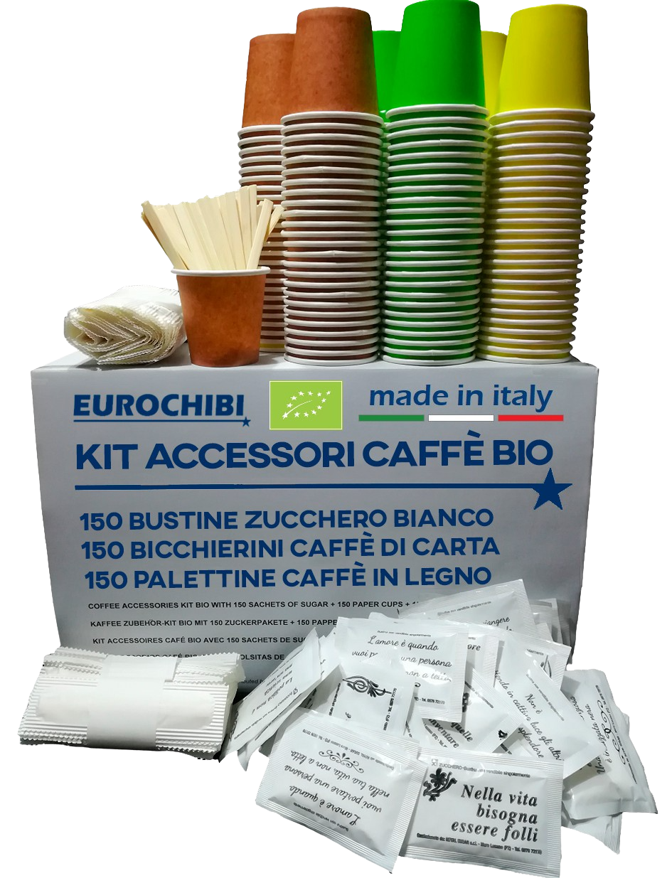 KIT ACCESSORI BIO con 150 BUSTINE DI ZUCCHERO + 150 BICCHIERINI + 150 PALETTINE