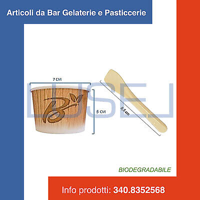 PZ 500 COPPETTE Gelato CC 120 Medie BIO + 500 Palette CM 9 COMPOSTABILI BIO