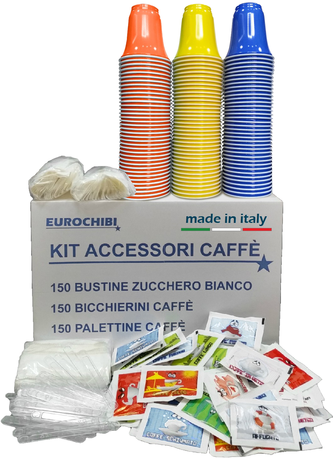 KIT ACCESSORI CAFFÈ con 150 BUSTINE ZUCCHERO + 150 BICCHIERINI + 150 PALETTINE
