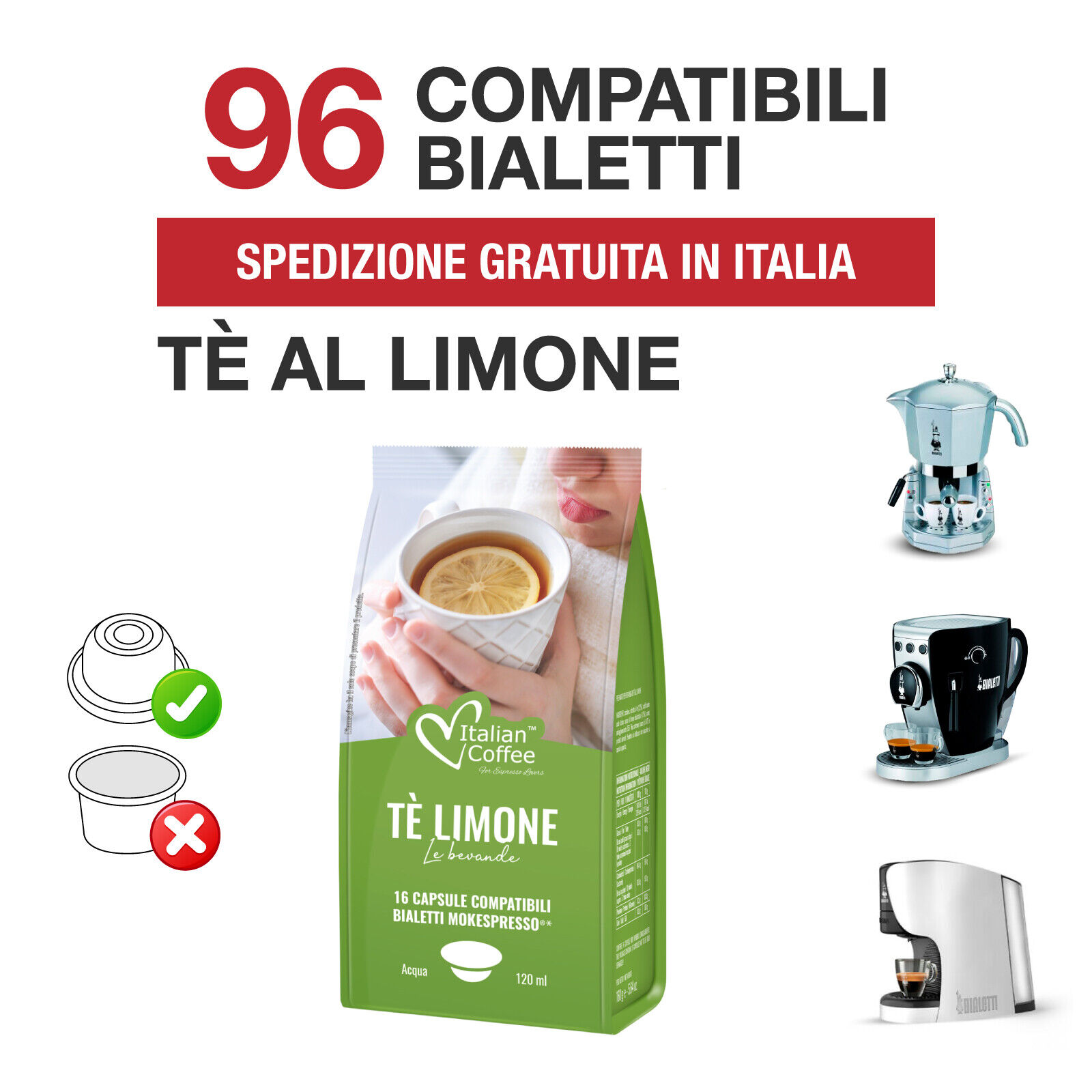96 Capsule Tè Limone Italian Coffee compatibili Bialetti Mokespresso