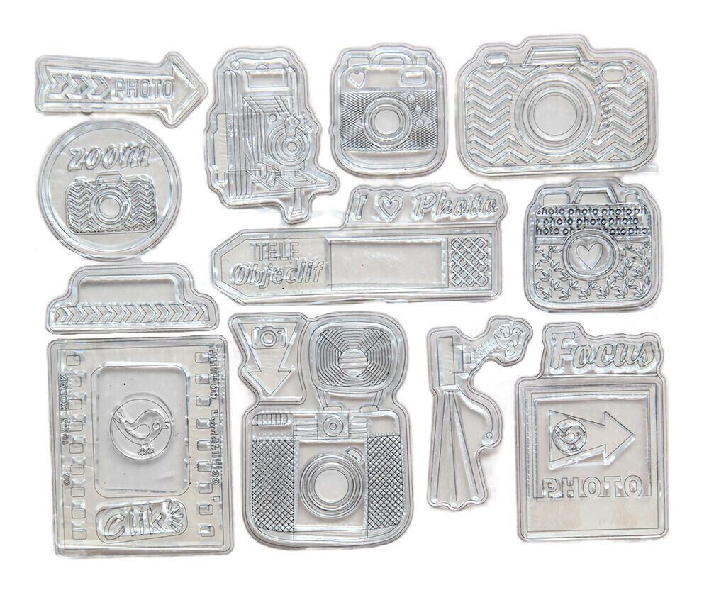 12 TIMBRI ACRILICI TRASPARENTI fotografia macchine fotografiche scrap