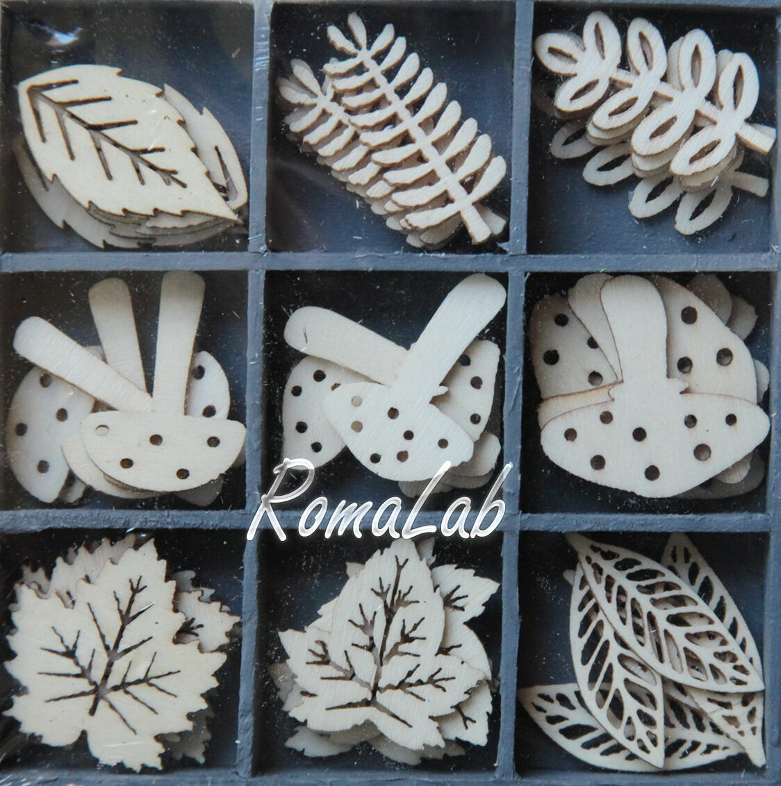 45 DECORAZIONI IN LEGNO 1-3,4CM ORNAMENTI SCRAPBOOKING foglie funghi applicaz...