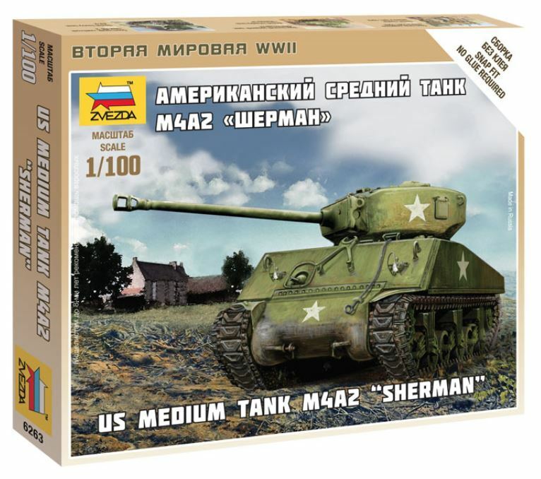 US Medium Tank M4A2 Sherman M-4 Plastic Kit 1:100 Model ZVEZDA