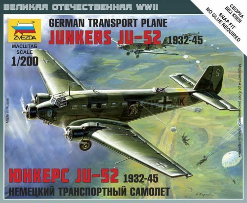 Junkers JU-52 German Transport Plane 1932-45 Plastic Kit 1:200 Model ZVEZDA