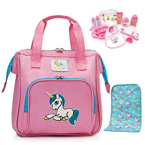 HappyVk- Doll Diaper Bag with Accessories- Unicorn Embroidery (C0v)