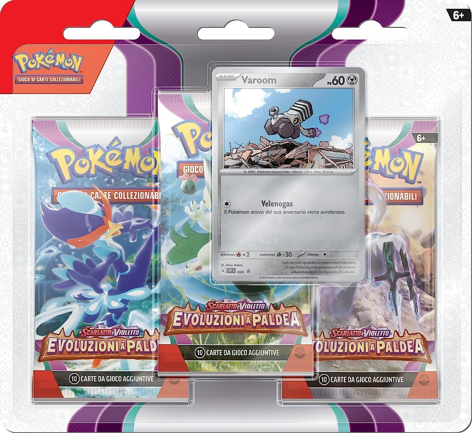 Pokémon Confezione da Tre Buste, Varoom dell’Espansione Scarlatto e Violetto, Ev
