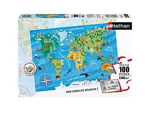 Nathan- Puzzle 100 pièces-Carte du Monde des Monuments Bambini, Colore, (E3V)