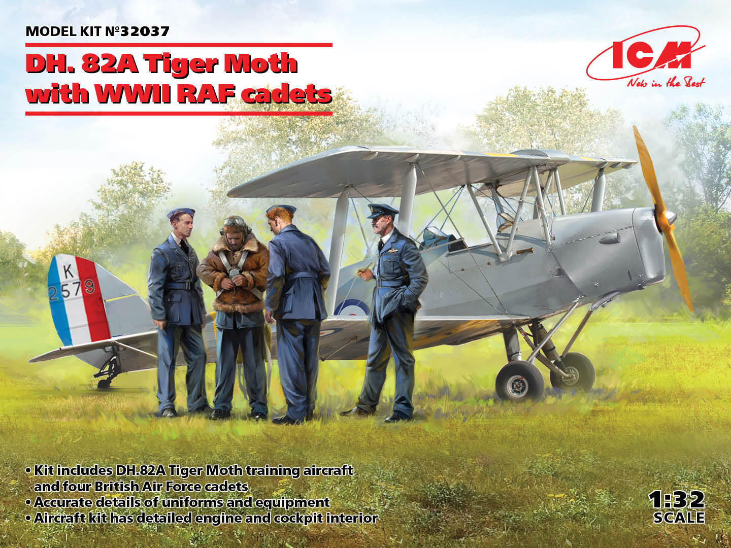 DH. 82A Tiger Moth With WWII RAF Cadets 1:32 Plastic Model Kit ICM