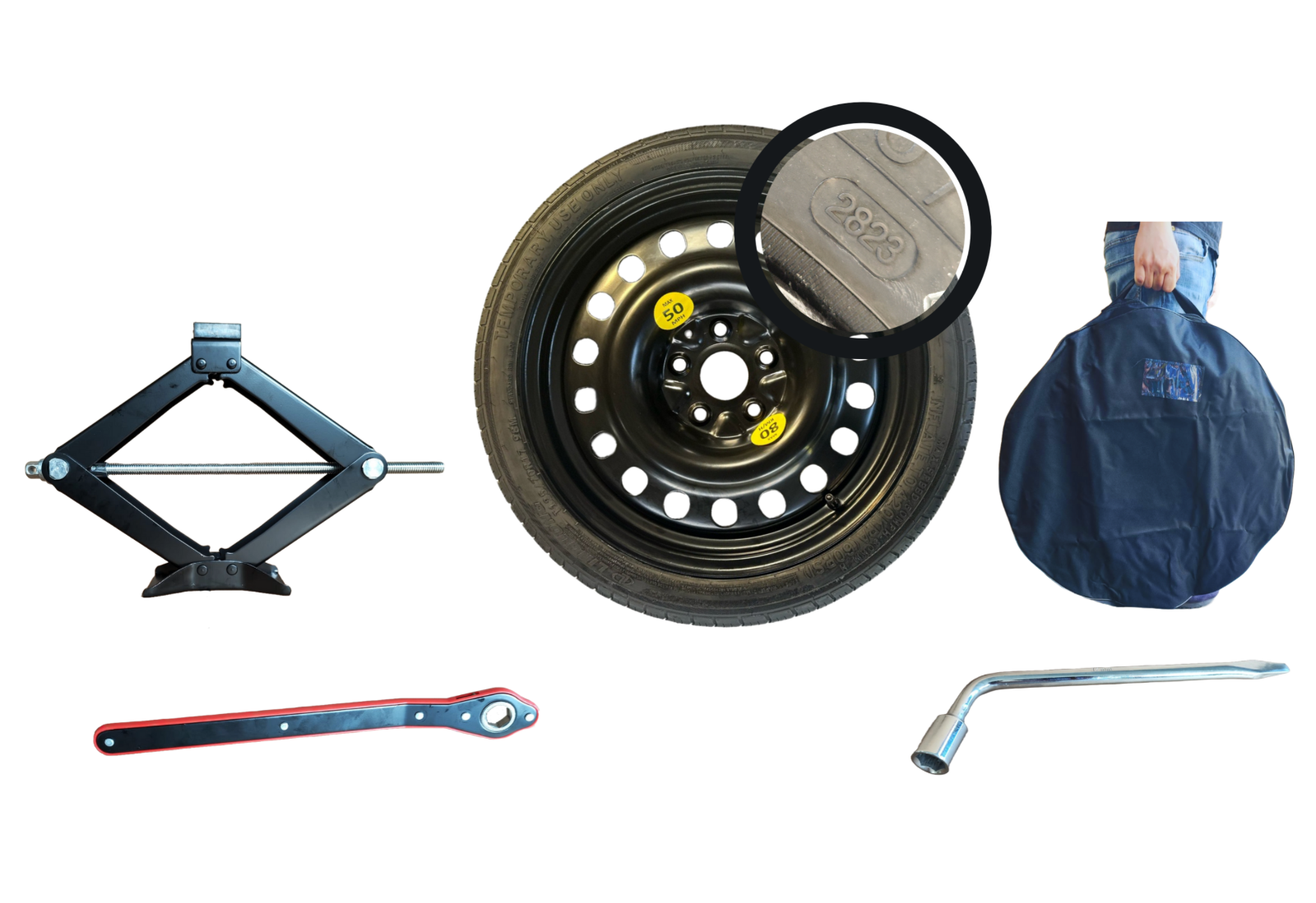 RUOTINO DI SCORTA 16" PER TOYOTA YARIS 5 FORI  CON CRIC CHIAVE SACCA