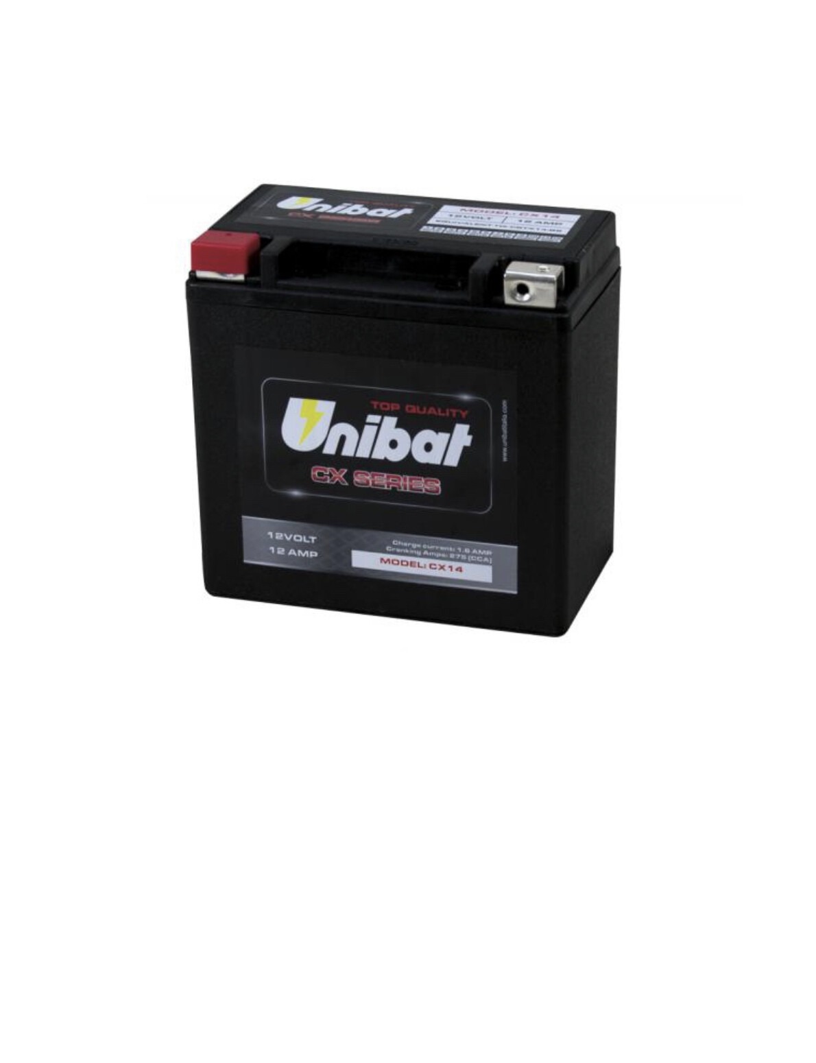 BATTERIA MOTO UNIBAT CX14 12Ah 275A (SX) AGM SENZA MANUTENZIONE = YUASA YTX14-BS