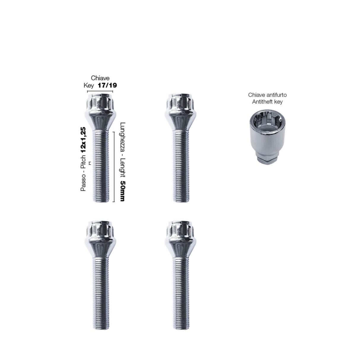 4 bulloni antifurto ch.17 19 12X1.25 l.50mm-