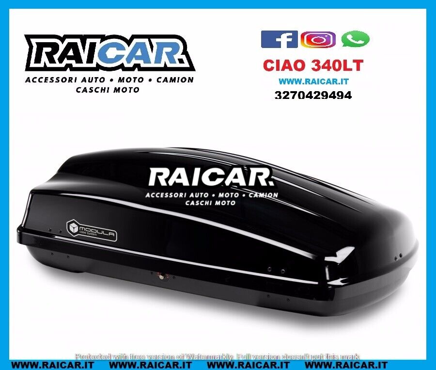 BOX AUTO TETTO "MODULA CIAO" 340 LT BAULE PORTATUTTO MADE IN ITALY NERO LUCIDO