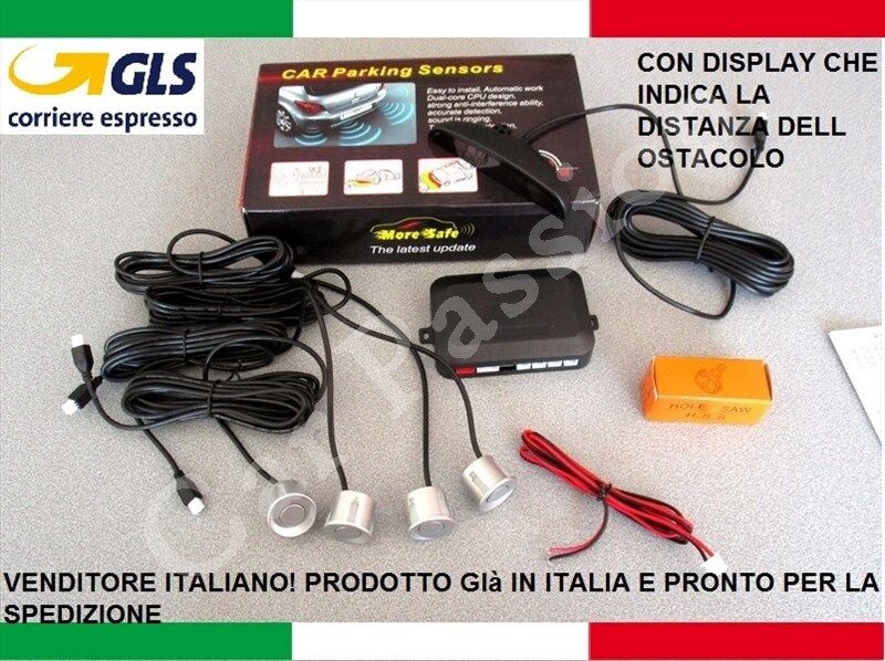 KIT 4 SENSORI DI PARCHEGGIO AUTO ARGENTO DISPLAY CINQUECENTO GRANDE PUNTO PANDA