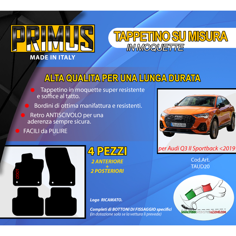Tappetini su misura con Battitacco Avdi Q3 II (F3) SPORTBACK 10.19>23 4 attacchi