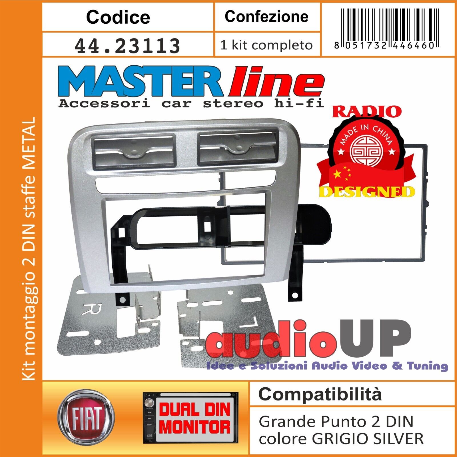 MASCHERINA AUTORADIO 2 DIN FIAT GRANDE PUNTO KIT PER RAIDO EURO E CINA. SILVER
