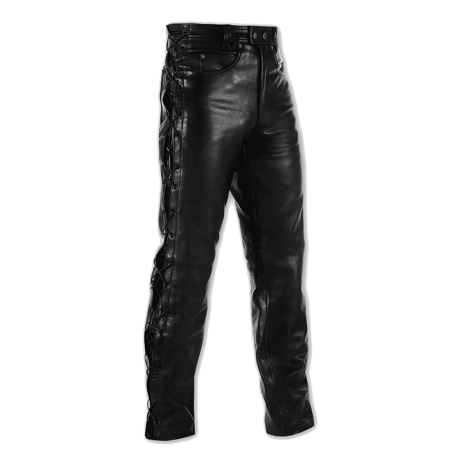 Mens Motorcycle Motorbike Biker Leather Trousers Jeans Laces Cruiser Black 36