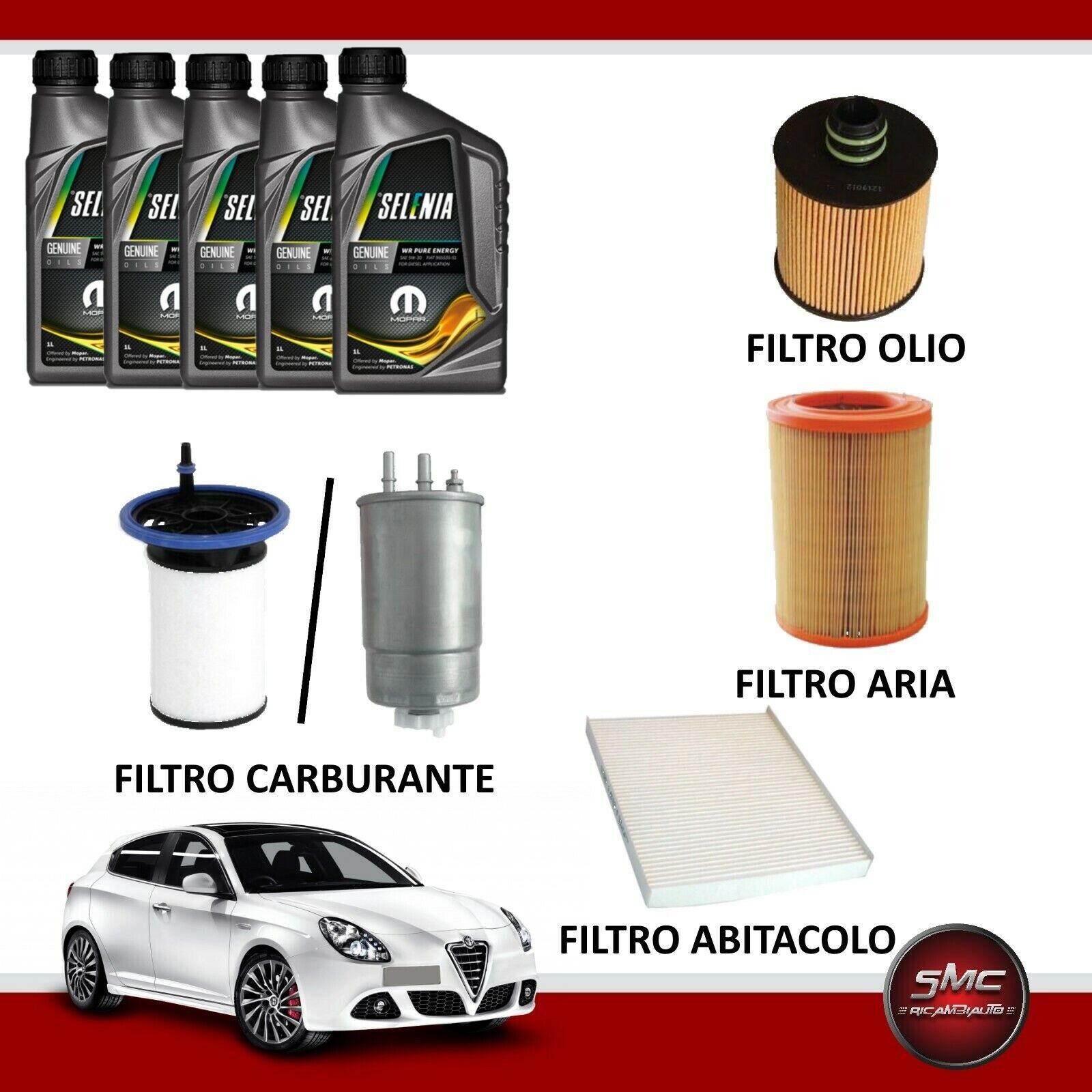 KIT TAGLIANDO FILTRI MISTI + 5LT OLIO SELENIA ALFA ROMEO GIULIETTA 1.6 JTDM