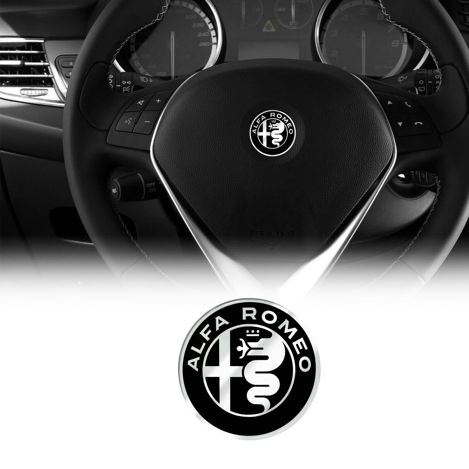 Alfa Romeo Adesivo 3D Logo per Volante, Black, Diametro 40 mm