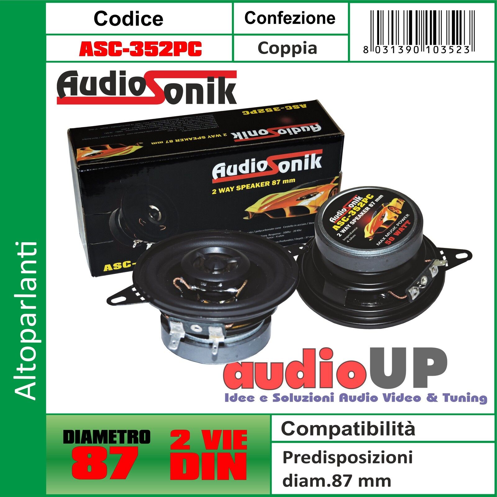 COPPIA COASSIALI DIAMETRO 87 MM 50 WATT MAX ALTOPARLANTI AUTO CAR AUDIO