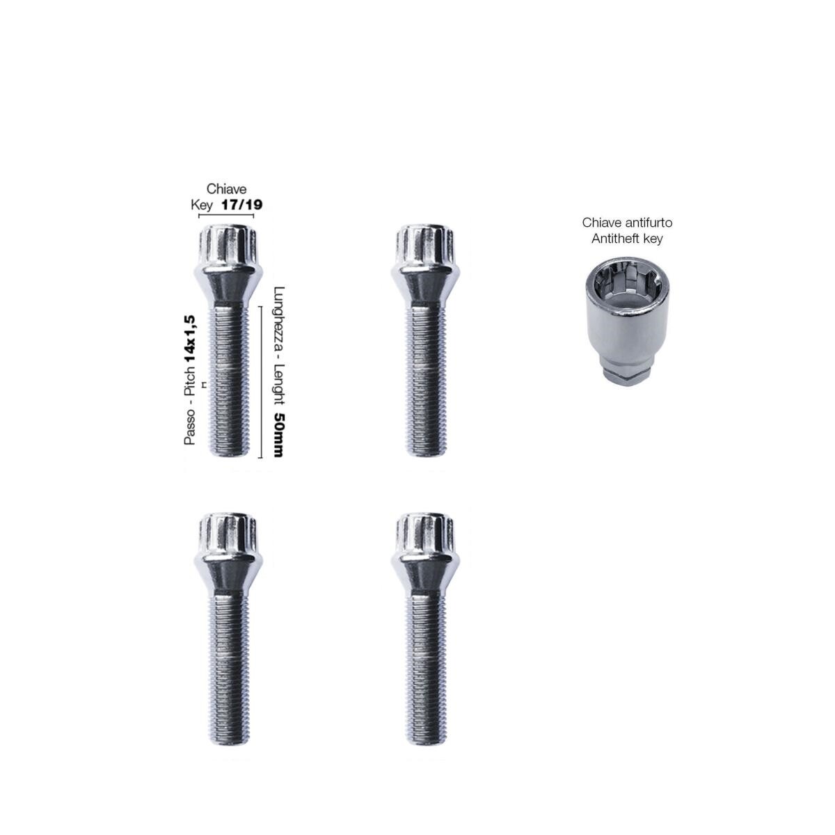 4 bulloni antifurto ch.17 19 14X1.5 l.50mm-
