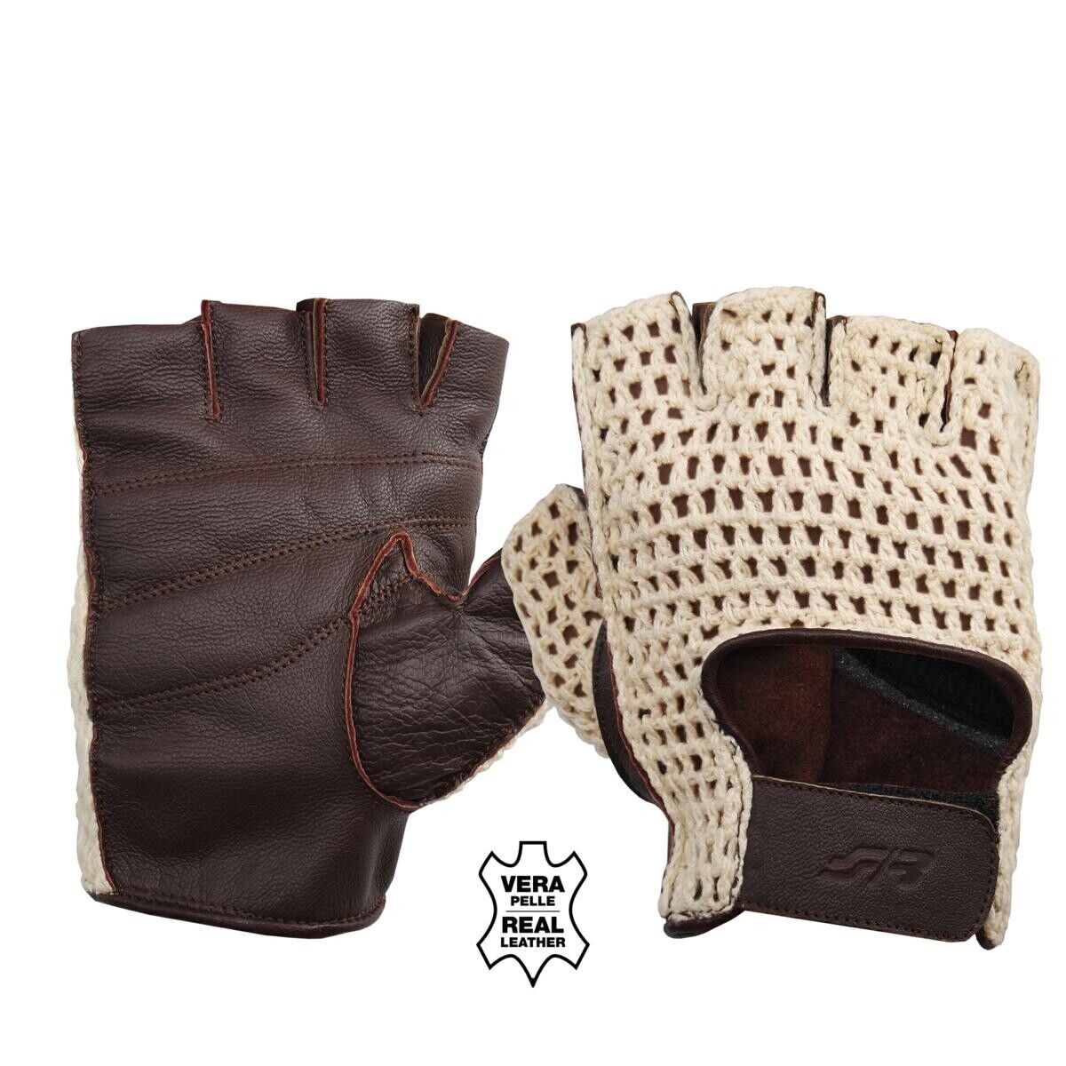 Guanti da guida mezze dita in vera pelle e cotone taglia XL