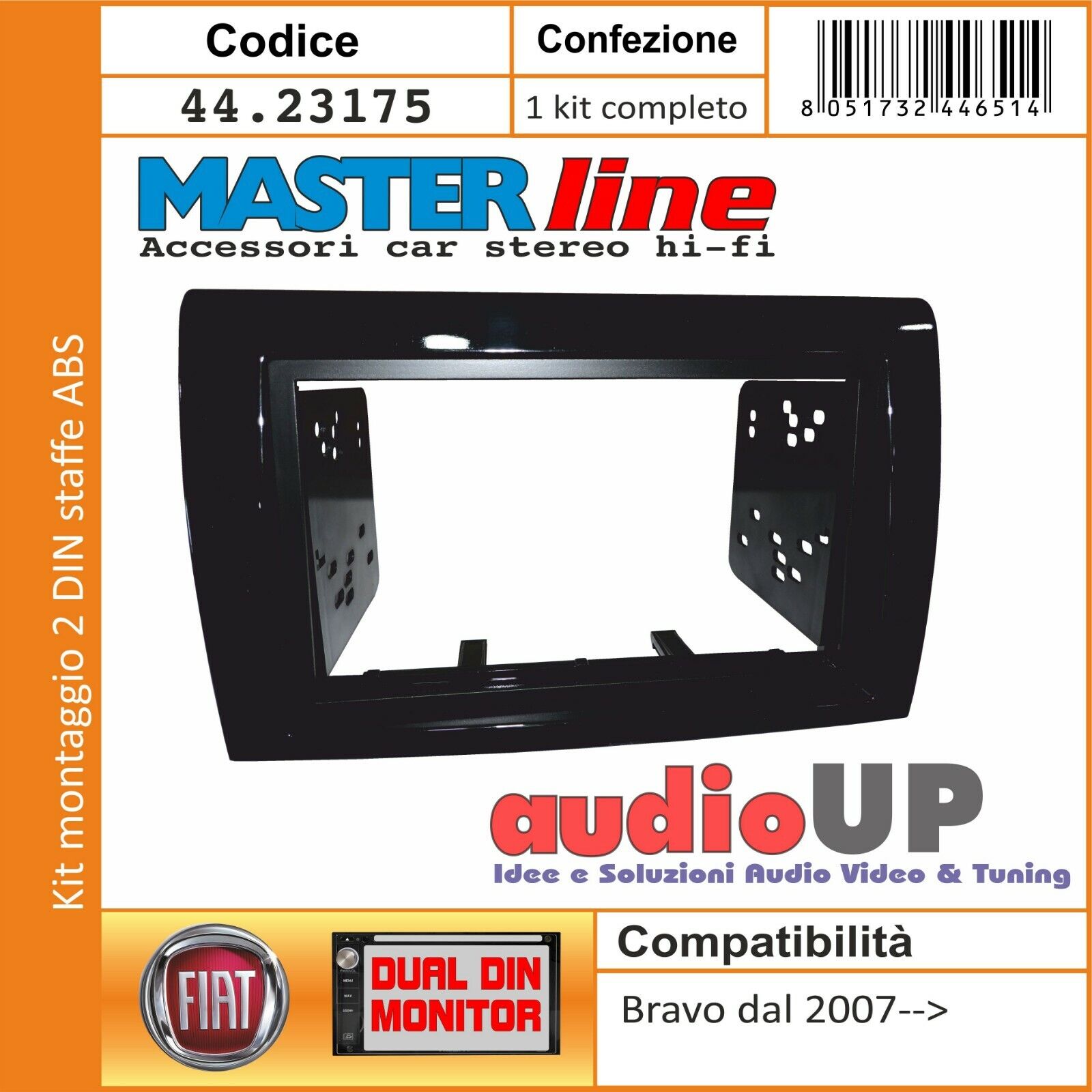 MASCHERINA AUTORADIO 2 DIN FIAT BRAVO 2007> ADATTATORE DUE DIN NERO LUCIDO