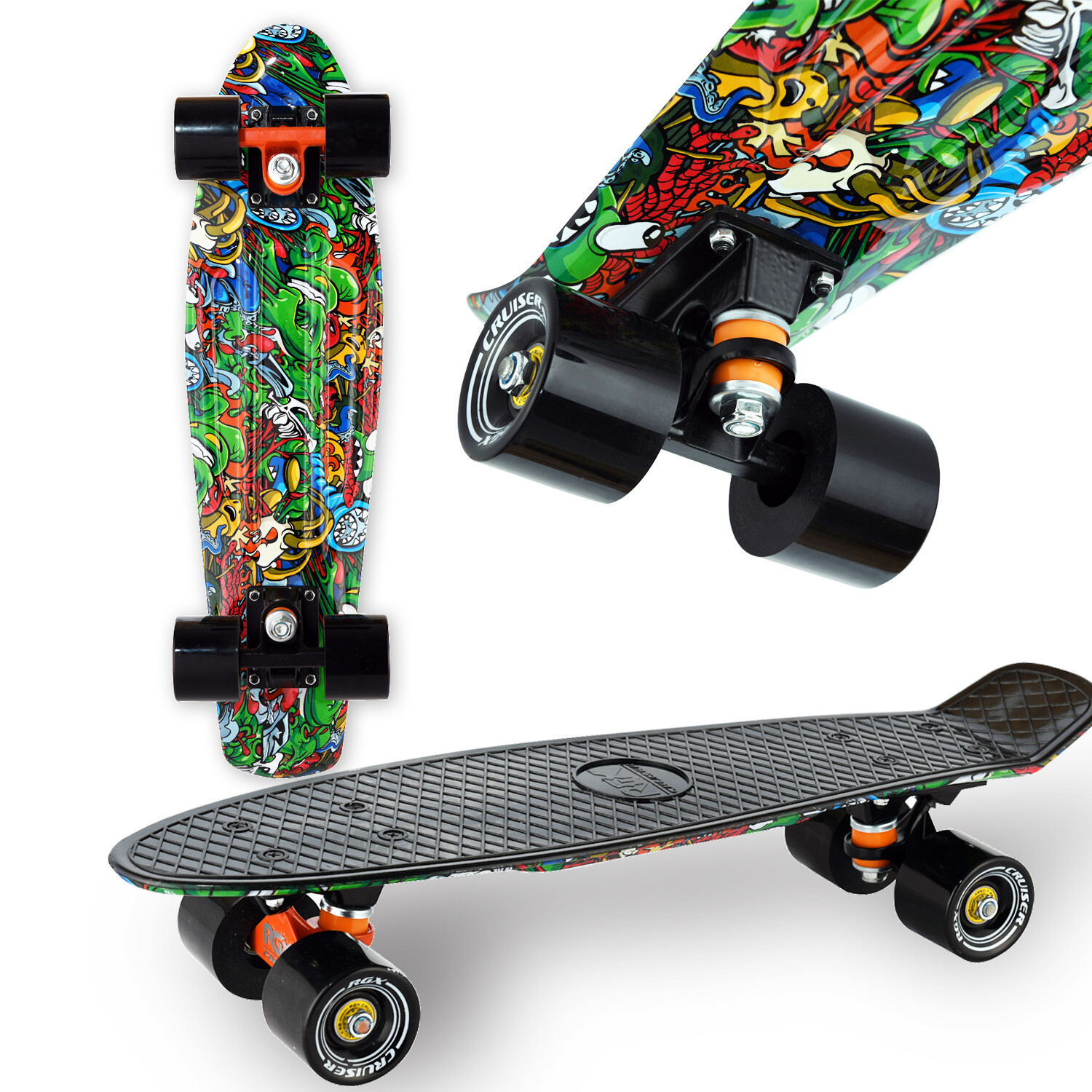 Skateboard Mini Cruiser RGX Tavola Skate 56 cm Nero Multicolore ABEC 7 PRO