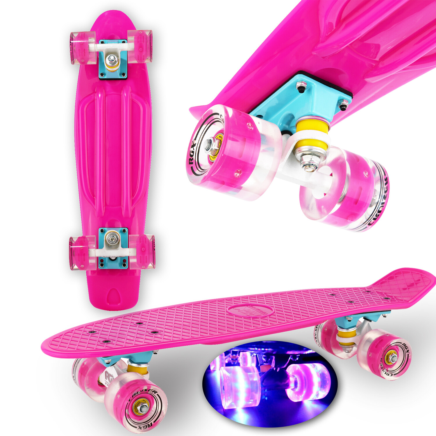 Skateboard Mini Cruiser RGX Tavola Skate 56 cm Rosa con Ruote Luminose Flash LED