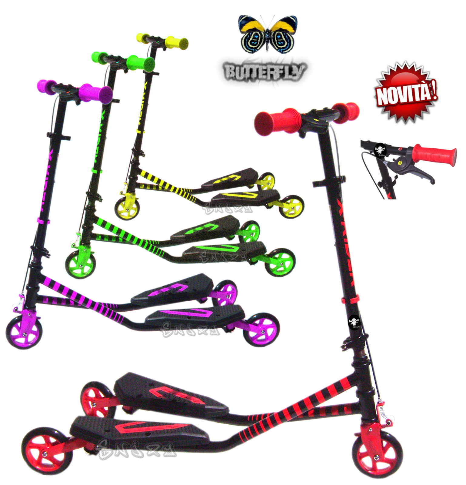 BIPATTINO FLYKE MONOPATTINO 3 RUOTE MONOPATTINO FARFALLA SKATEBOARD CON FRENO