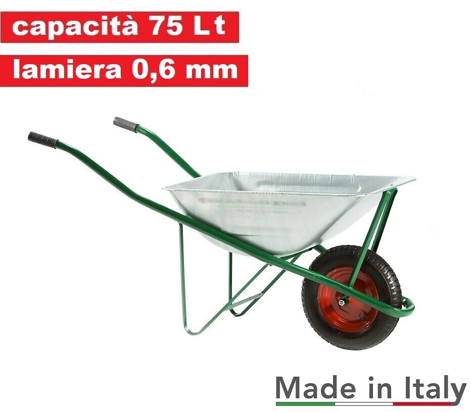 Carriola Smontabile 75 Litri Lamiera 0,6 mm con Bordo Antitaglio Ruota 3,50-8"
