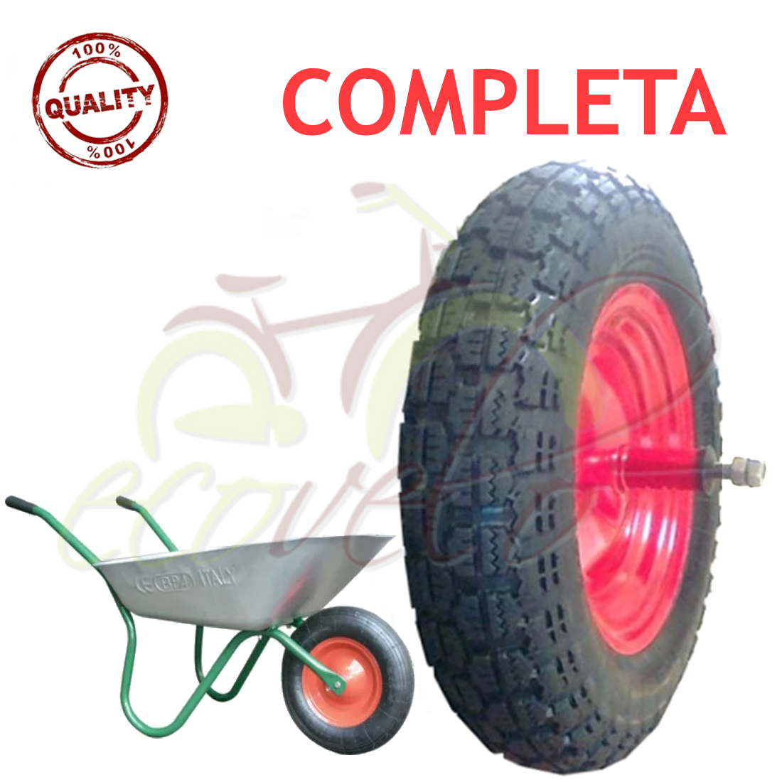 RUOTA PNEUMATICO CARRIOLA 3.50 - 8 (4PR) RICAMBIO TIPO VESPA ASSE LUNGO CERCHIO