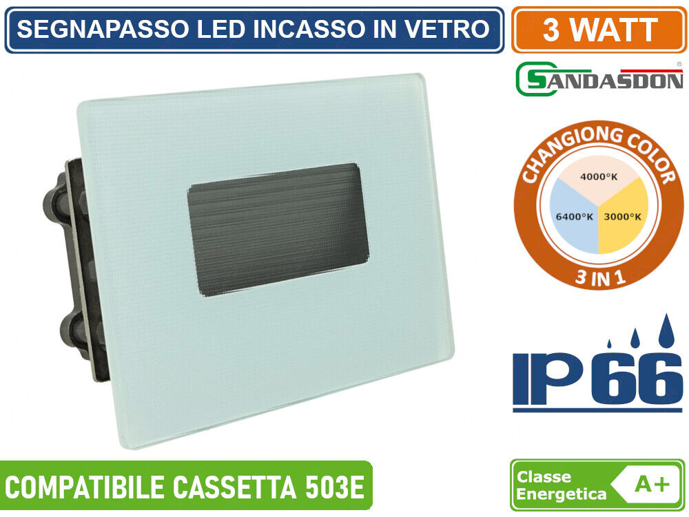 SEGNAPASSO LED RETTANGOLARE IN VETRO OPACO A INCASSO 503E 3W DA ESTERNO IP66