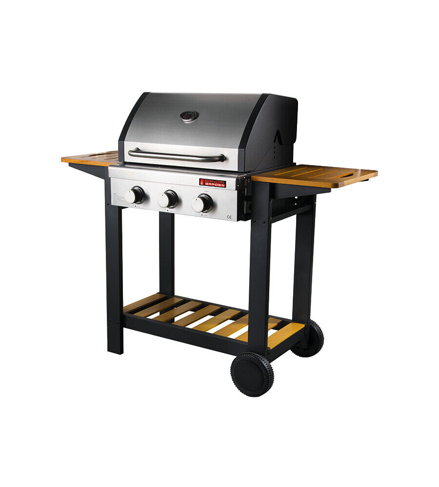 BARBECUE A GAS OCEANIA 3 FUOCHI STEEL/WOOD, 130X58X115 CM - SANDRIGARDEN