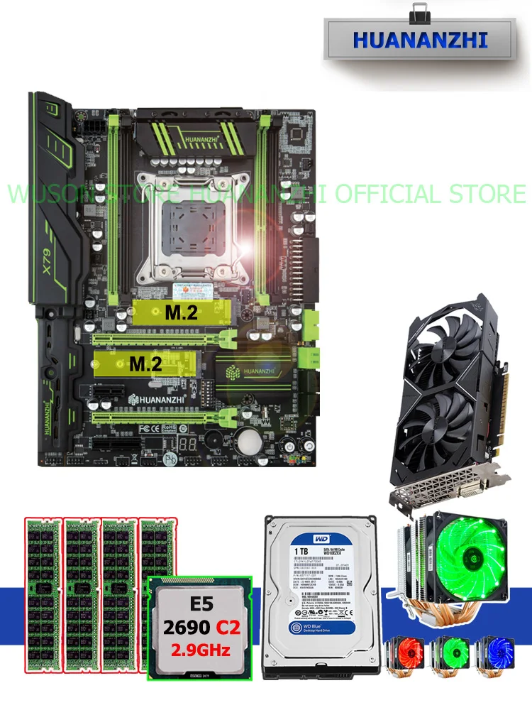 In Vendita Marca Huananzhi X79 Pro Scheda Madre Dual M.2 Slot Scheda Video Gtx1050Ti 1Tb Cpu Hdd Xeon E5 2690 Cpu Cooler Ram 16G(4*4G)