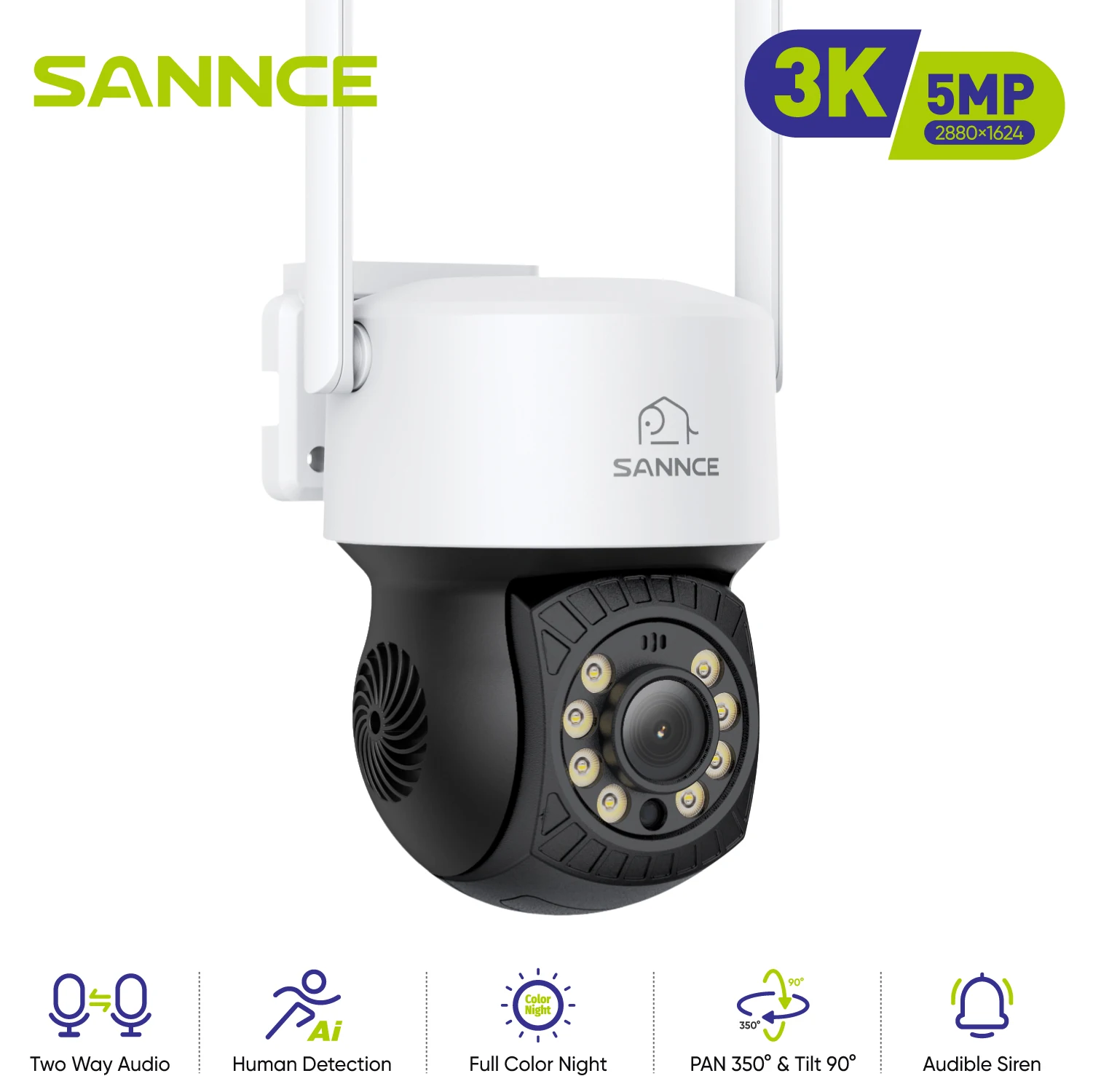 Telecamera Di Sicurezza Wireless Sannce 5Mp Smart Full Color Two Way Voice Rilevamento Umano Sorveglianza Cctv Wifi Protezione Camera350 °