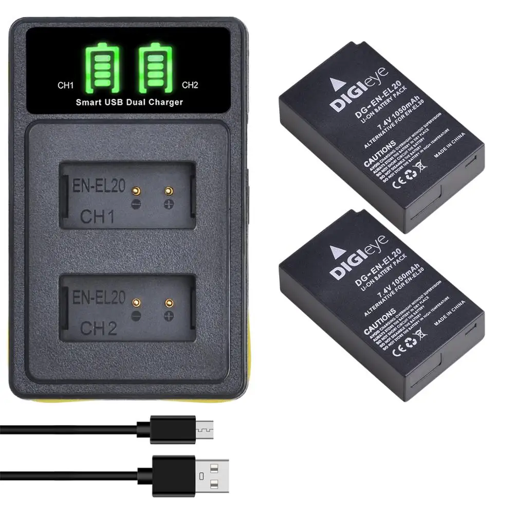 2 Pz En-El20 En-El20A Batteria + Led Usb Doppio Caricatore Per Nikon Coolpix P1000,Nikon 1 J1, J2, J3, Nikon 1 S1,1 V3,Nikon 1 Aw1