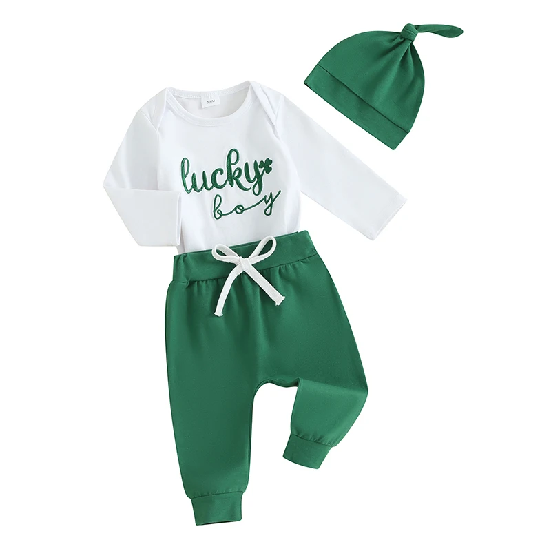 Neonato St Pattys Day Outfit Baby Boy My First St Patricks Day Outfit Pagliaccetto Pantaloni Cappello Abbigliamento Infantile Set