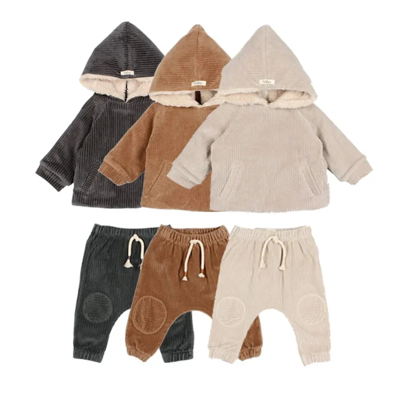 Inverno Buho Bambini Soild Color Abbigliamento Set Bambini Imbottito Ispessimento Vestiti Neonato Ragazza Velluto A Coste Cappotto E Pantaloni Vestito