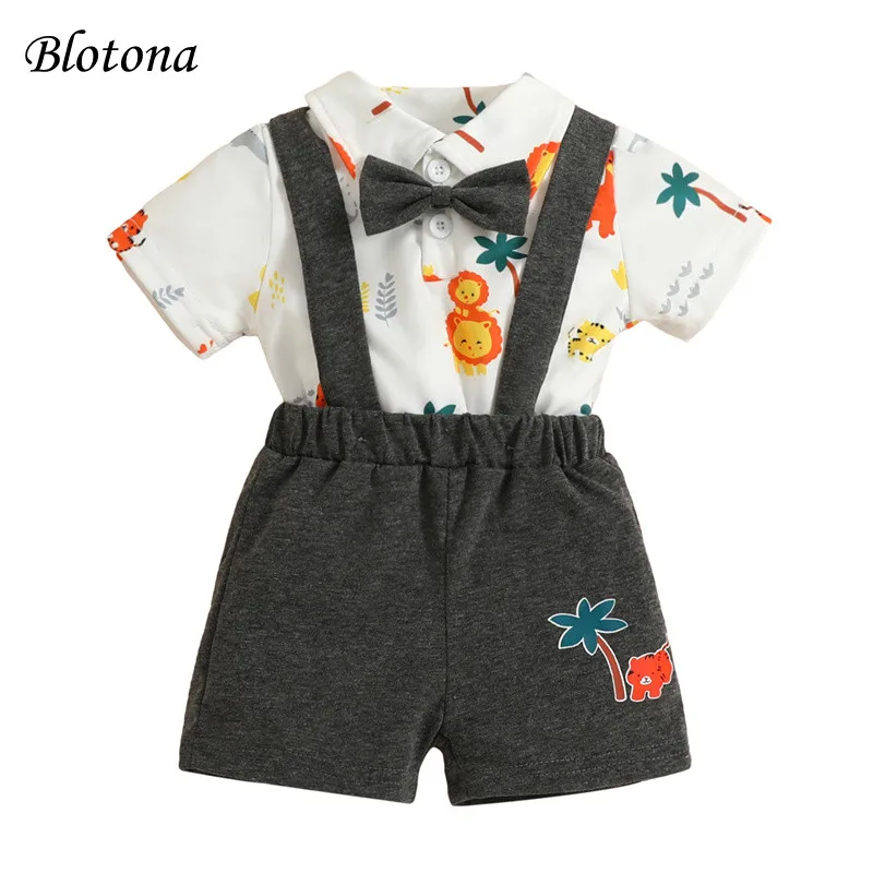 Blotona Infant Boys Gentlemen Outfit Summer Cartoon Animal Print Manica Corta Papillon Pagliaccetto E Cinghie Pantaloncini Tuta 2 Pezzi Set