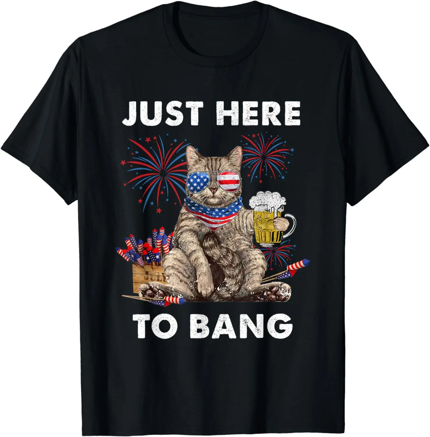 Proprio Qui Per Bang Usa Flag Funny Beer 4Th Of July Cat Lover T-Shirt