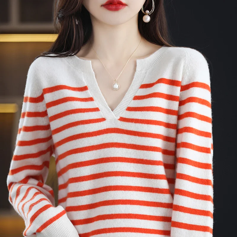 Women'S Sweaters And Pullovers 100% Pure Wool Knitted Jumper Soft Warm Female Winter New Arrival Fashion Striped Sweater