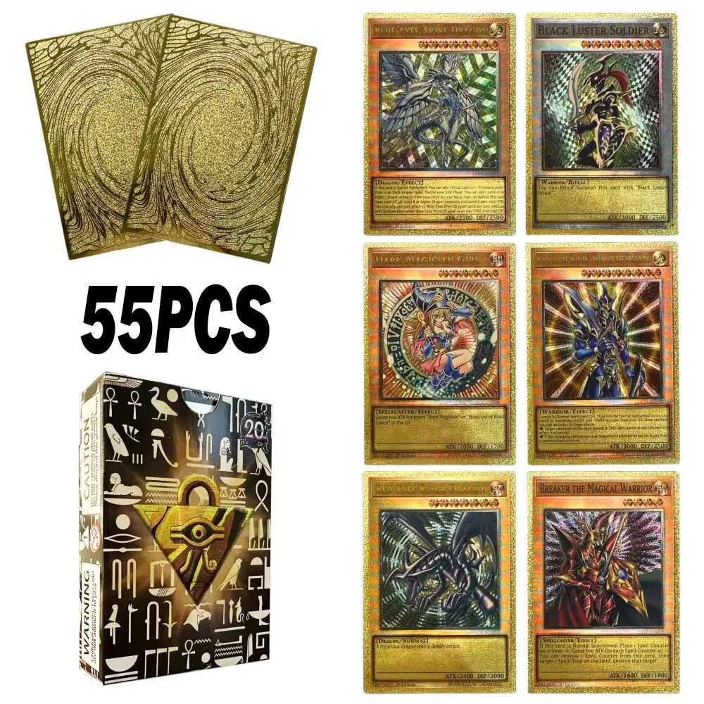 55Pcs Golden Foil Plastic Yu-Gi-Oh Anime Cards In English Blue Eyes Exodia Obelisk Slifer Ra Yugioh Classic Proxy Card Kids